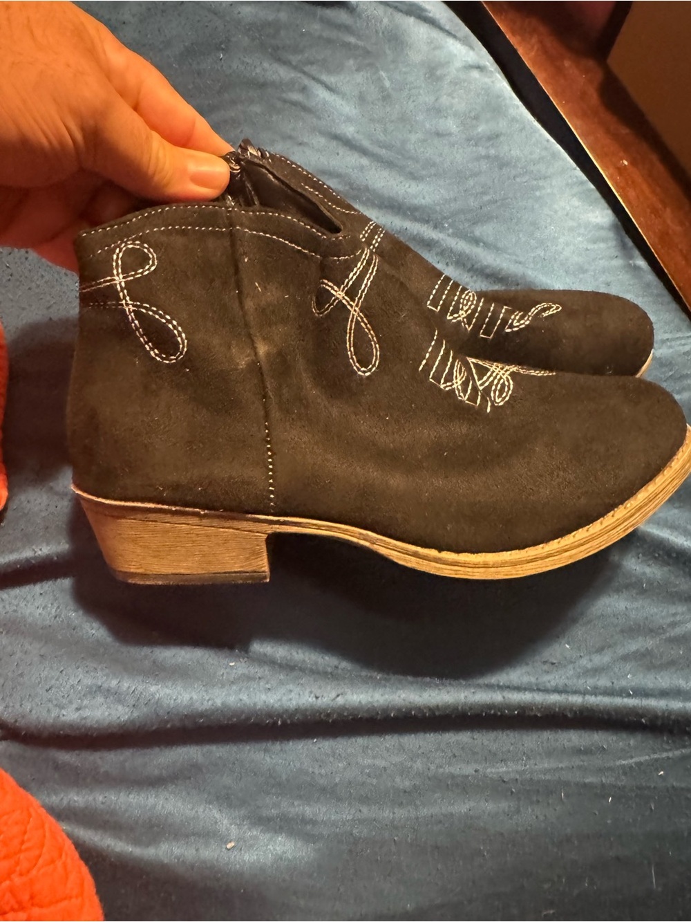 Women's Size 9 Black Suede Ankle Boot with Embroidered Detail